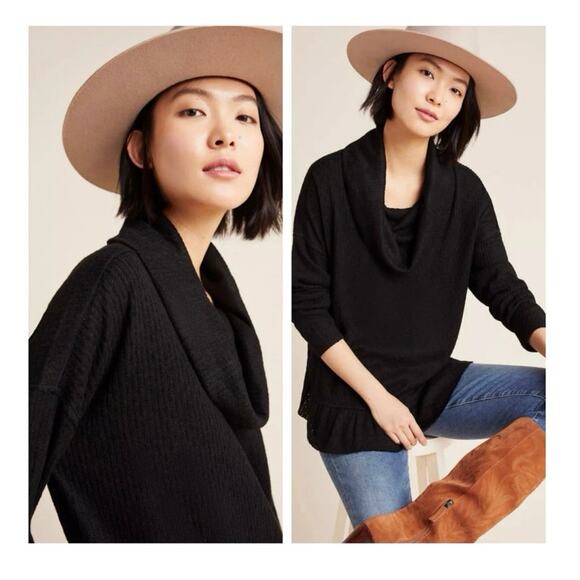 Maeve Anthropologie Addie Ruffled Hacci Sweater Black XS Boho Bohemian Cozy Soft - Picture 2 of 11